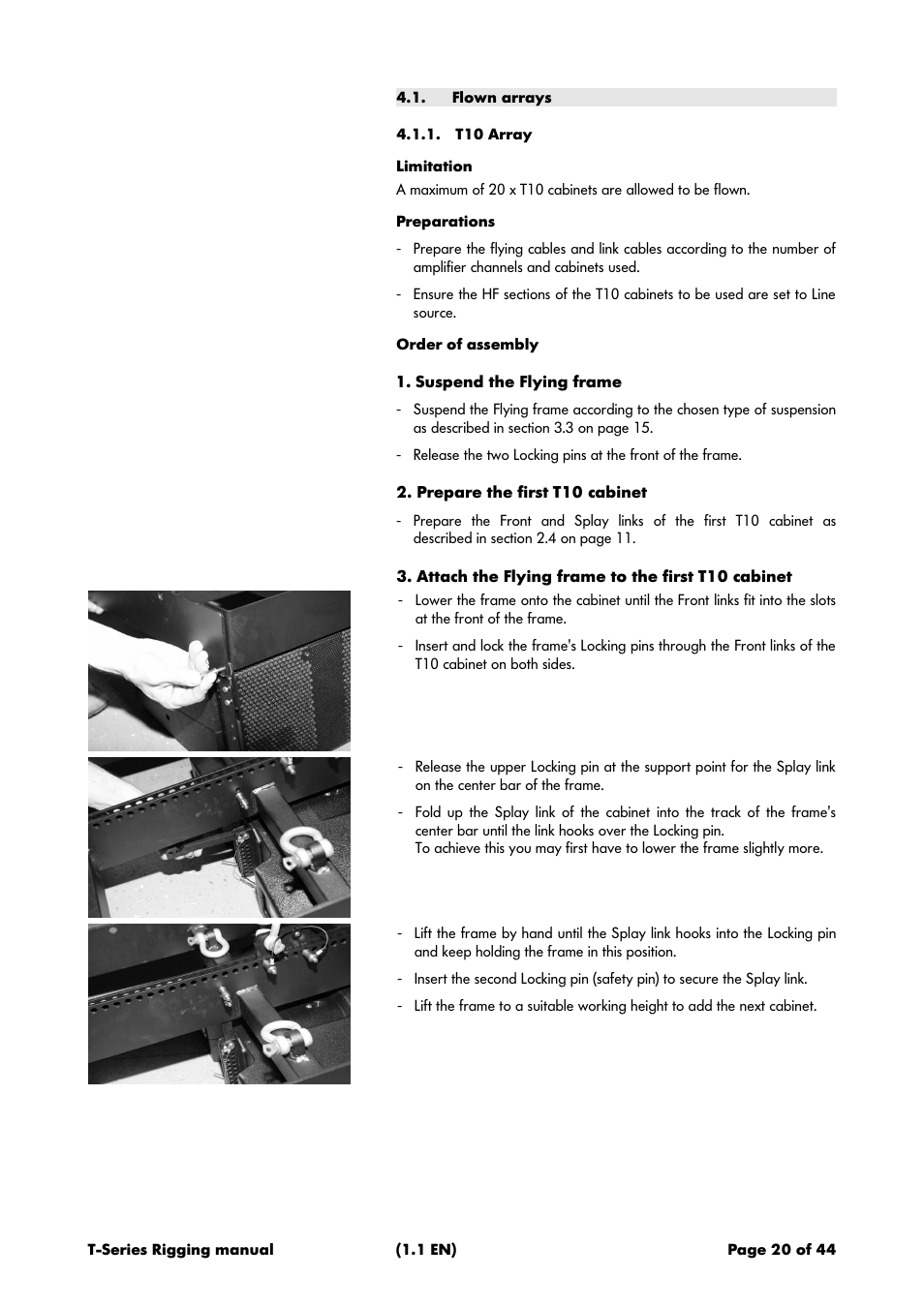 Flown arrays, T10 array, Limitation | Preparations, Order of assembly, Suspend the flying frame, Prepare the first t10 cabinet, Attach the flying frame to the first t10 cabinet | d&b T-Series User Manual | Page 20 / 44