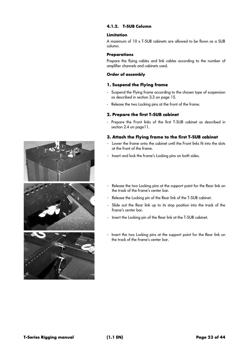 T-sub column, Limitation, Preparations | Order of assembly, Suspend the flying frame, Prepare the first t-sub cabinet, Attach the flying frame to the first t-sub cabinet | d&b T-Series User Manual | Page 23 / 44