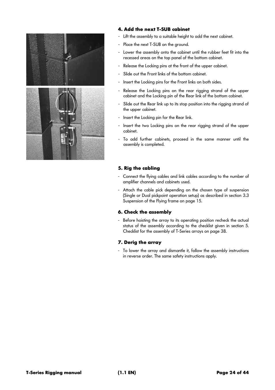 Add the next t-sub cabinet, Rig the cabling, Check the assembly | Derig the array | d&b T-Series User Manual | Page 24 / 44