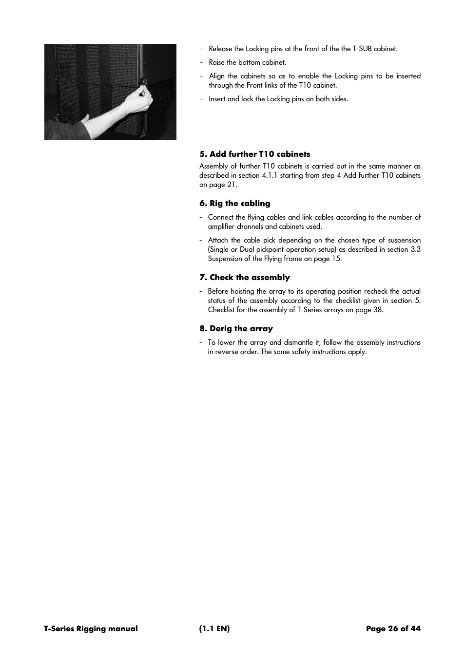 Add further t10 cabinets, Rig the cabling, Check the assembly | Derig the array | d&b T-Series User Manual | Page 26 / 44
