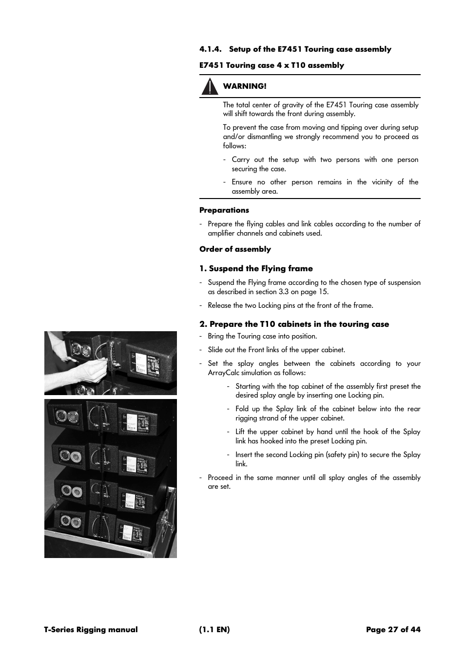 Setup of the e7451 touring case assembly, E7451 touring case 4 x t10 assembly, Preparations | Order of assembly, Suspend the flying frame, Prepare the t10 cabinets in the touring case | d&b T-Series User Manual | Page 27 / 44