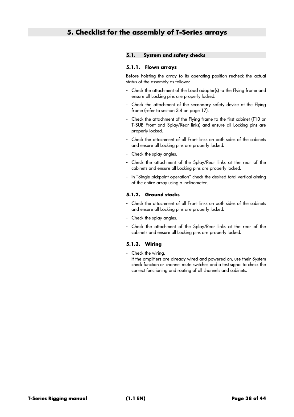 Checklist for the assembly of t-series arrays, System and safety checks, Flown arrays | Ground stacks, Wiring | d&b T-Series User Manual | Page 38 / 44