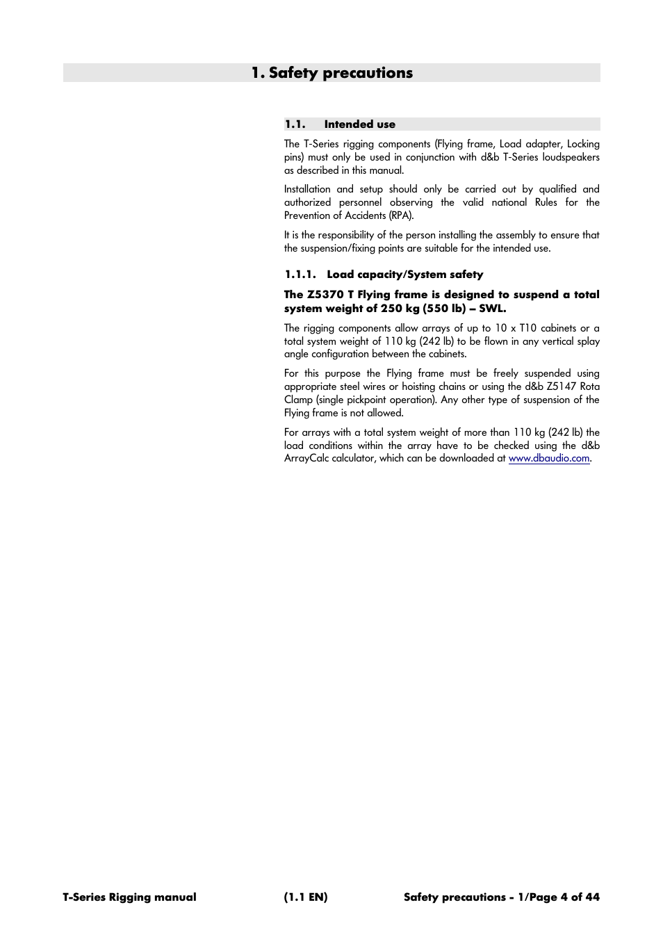Safety precautions, Intended use, Load capacity/system safety | d&b T-Series User Manual | Page 4 / 44