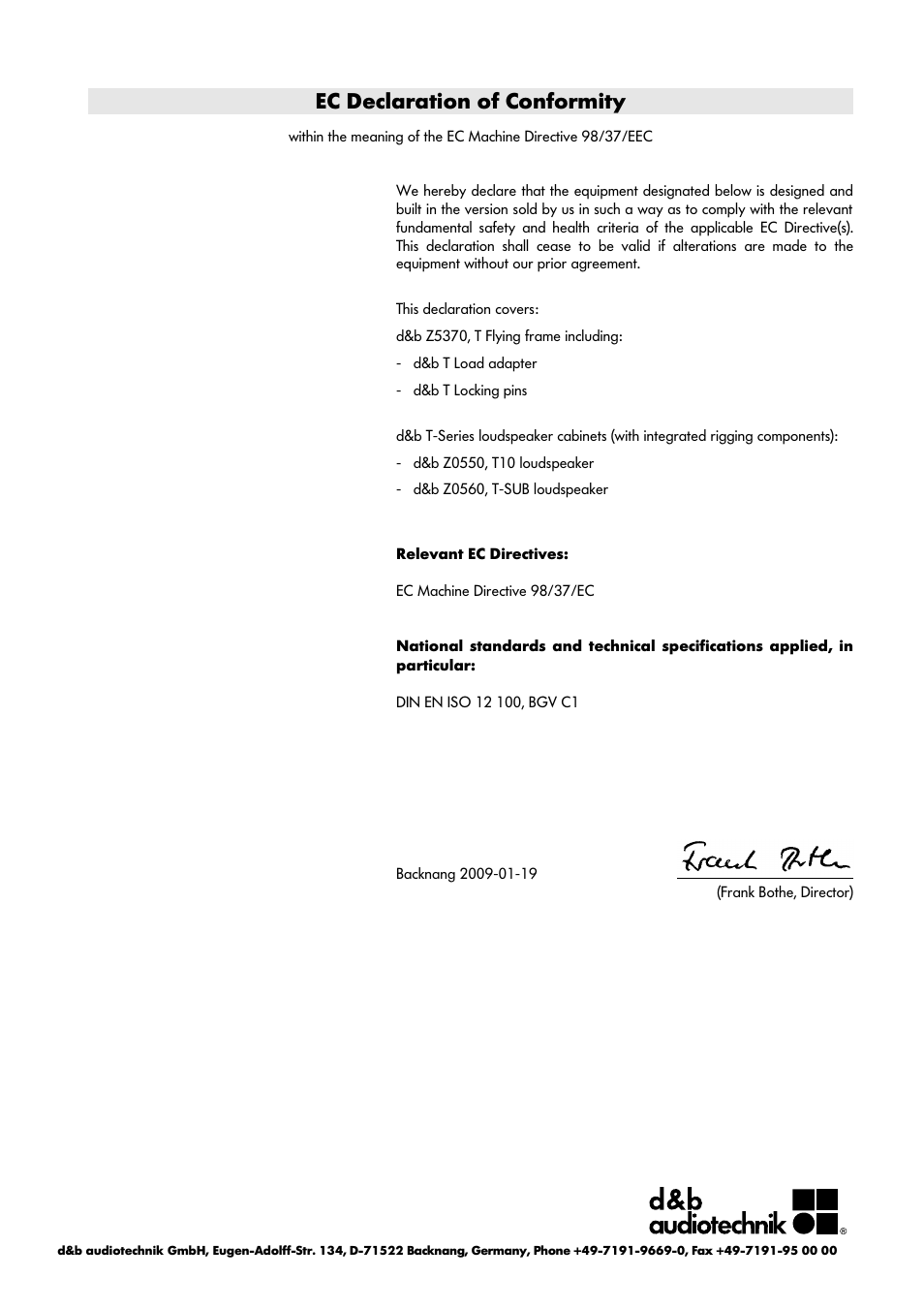 Ec declaration of conformity | d&b T-Series User Manual | Page 42 / 44