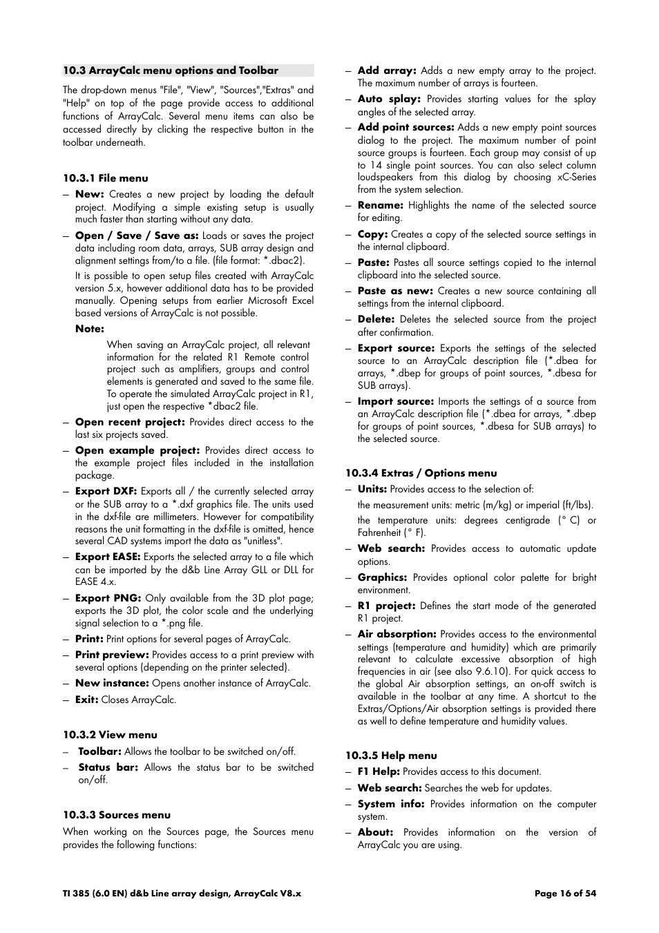 3 arraycalc menu options and toolbar, 1 file menu, 2 view menu | 3 sources menu, 4 extras / options menu, 5 help menu | d&b TI 385 d&b Line array design User Manual | Page 16 / 54