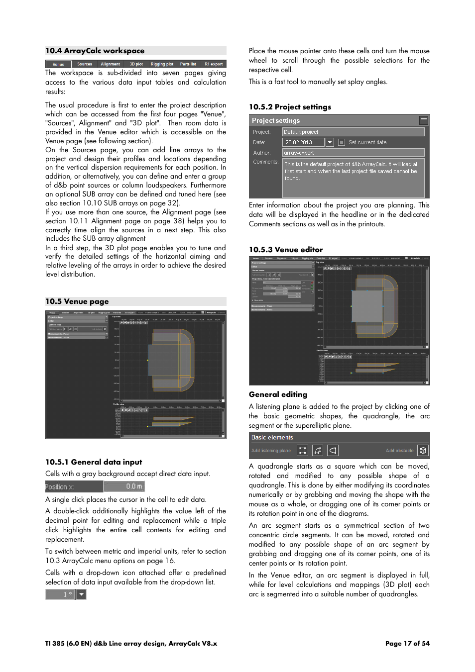 4 arraycalc workspace, 1 general data input, 2 project settings | 3 venue editor | d&b TI 385 d&b Line array design User Manual | Page 17 / 54
