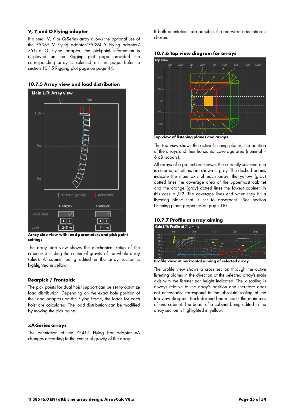 5 array view and load distribution, 6 top view diagram for arrays, 7 profile at array aiming | d&b TI 385 d&b Line array design User Manual | Page 25 / 54