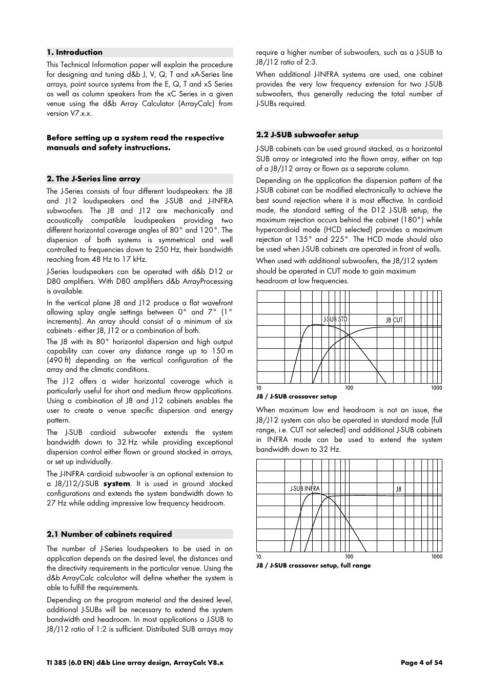 Introduction, The j-series line array, 1 number of cabinets required | 2 j-sub subwoofer setup | d&b TI 385 d&b Line array design User Manual | Page 4 / 54