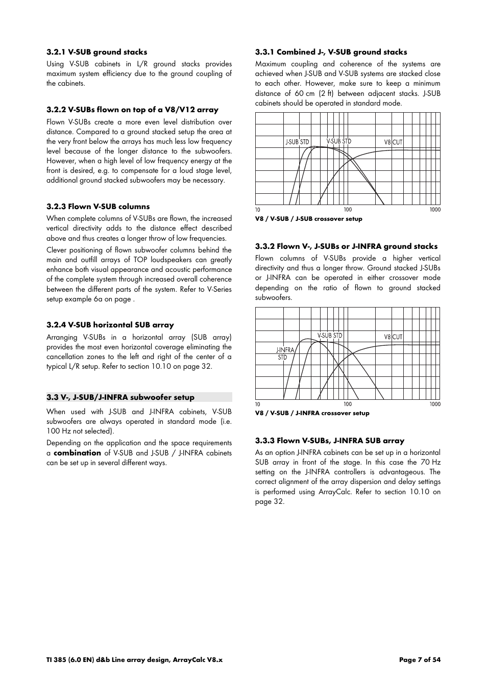 1 v-sub ground stacks, 2 v-subs flown on top of a v8/v12 array, 3 flown v-sub columns | 4 v-sub horizontal sub array, 3 v-, j-sub/j-infra subwoofer setup, 1 combined j-, v-sub ground stacks, 2 flown v-, j-subs or j-infra ground stacks, 3 flown v-subs, j-infra sub array | d&b TI 385 d&b Line array design User Manual | Page 7 / 54