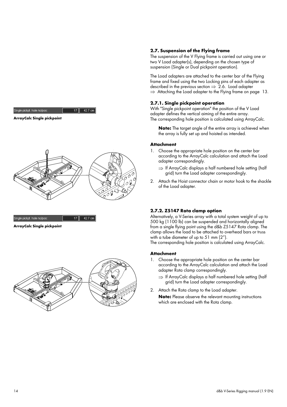 Suspension of the flying frame, Single pickpoint operation, Z5147 rota clamp option | d&b V-Series User Manual | Page 14 / 46