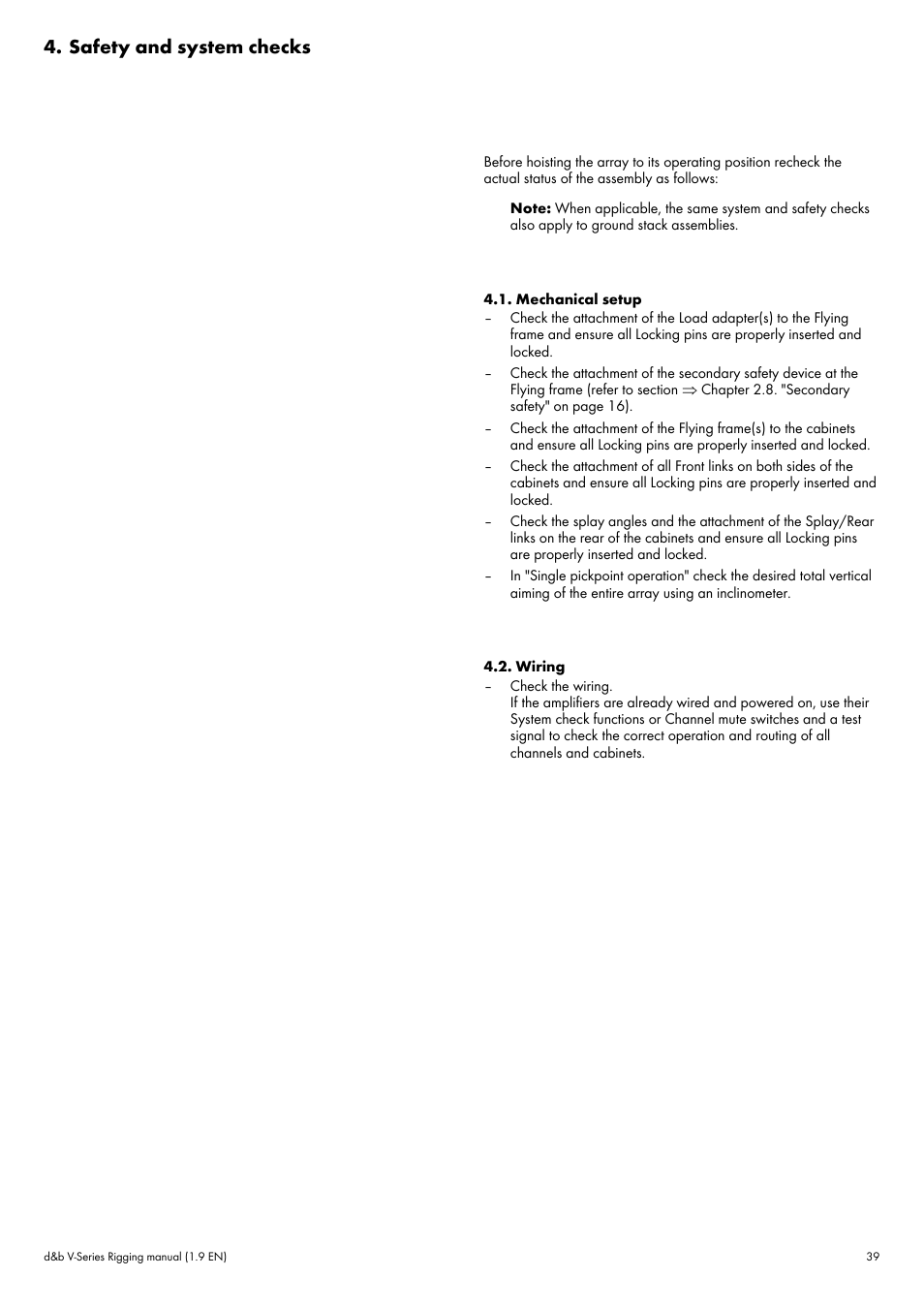 Safety and system checks, Mechanical setup, Wiring | Mechanical setup 4.2. wiring | d&b V-Series User Manual | Page 39 / 46