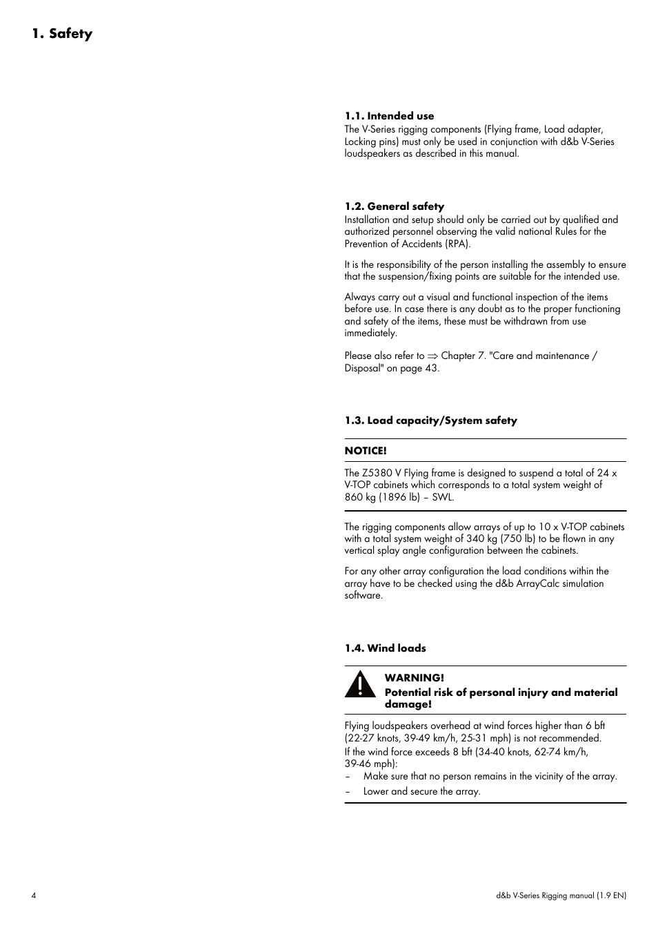 Safety, Intended use, General safety | Load capacity/system safety, Wind loads | d&b V-Series User Manual | Page 4 / 46