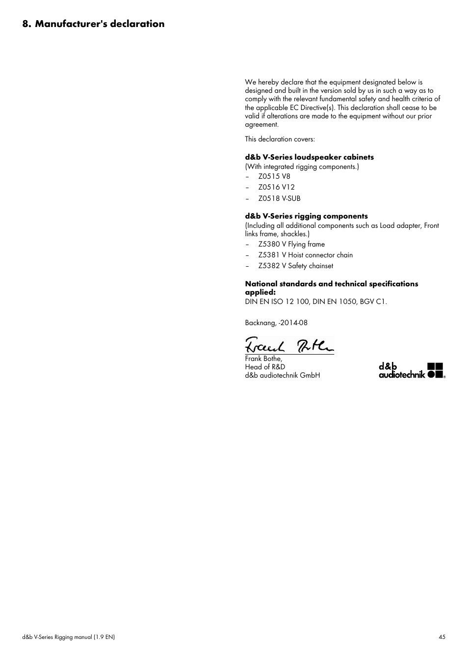 Manufacturer's declaration | d&b V-Series User Manual | Page 45 / 46