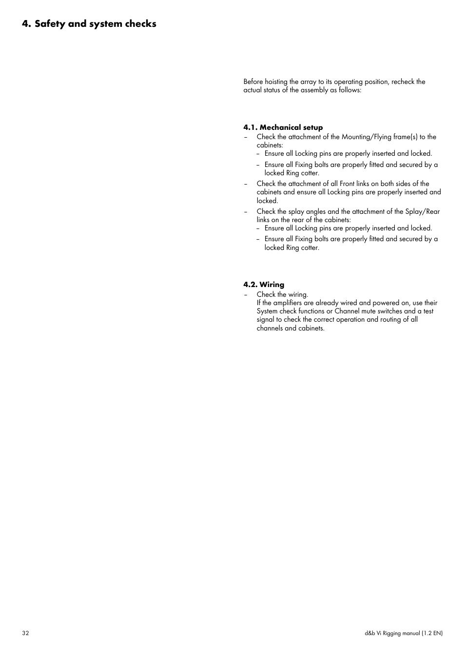 Safety and system checks, Mechanical setup, Wiring | d&b Vi User Manual | Page 32 / 37