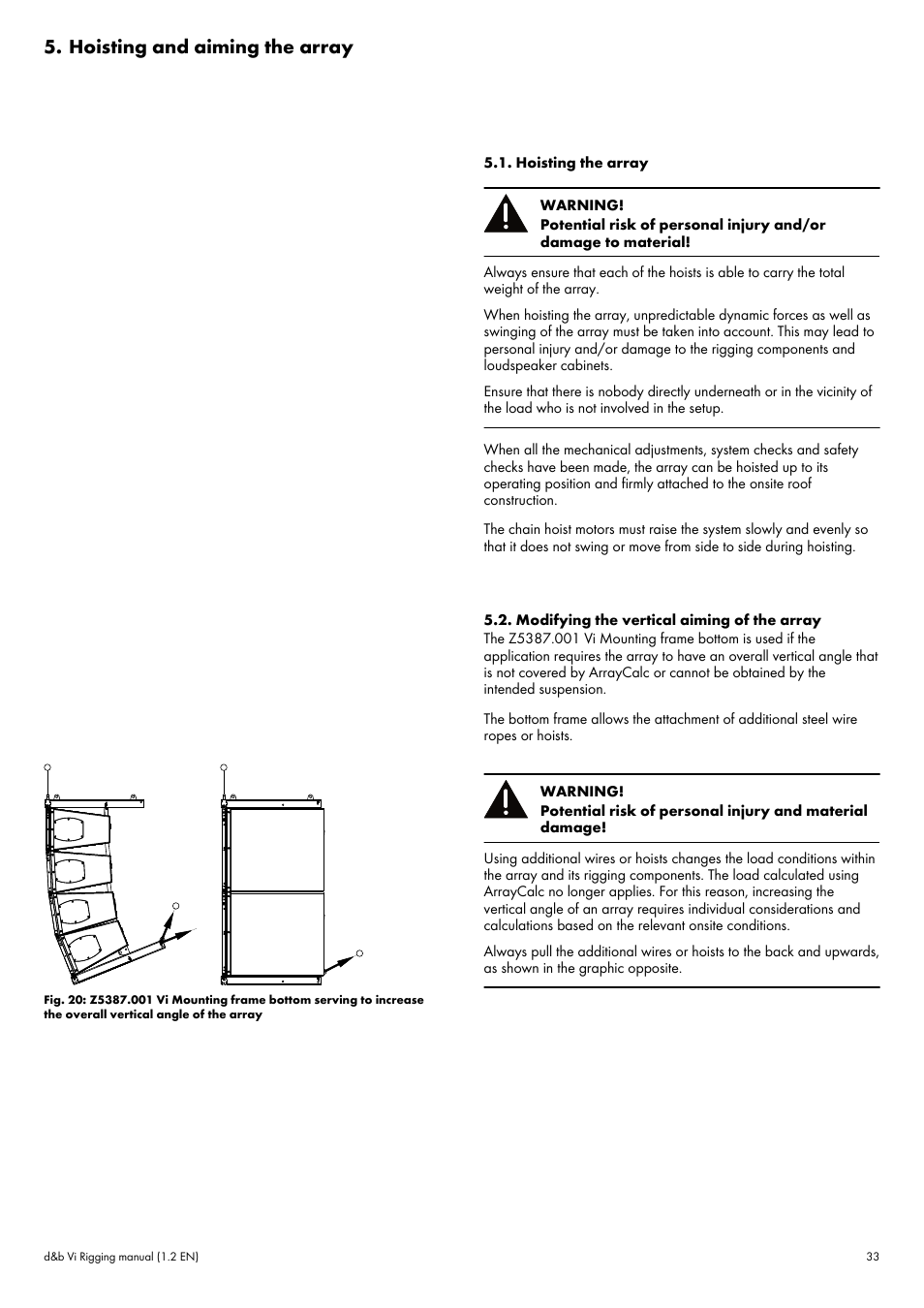 Hoisting and aiming the array, Hoisting the array, Modifying the vertical aiming of the array | d&b Vi User Manual | Page 33 / 37