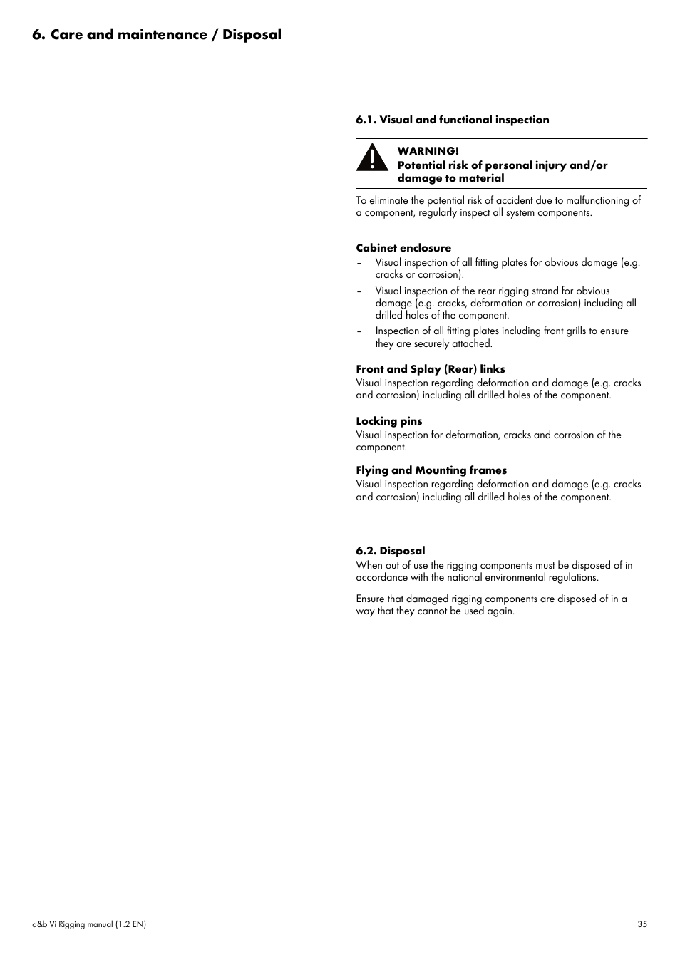 Care and maintenance / disposal, Visual and functional inspection, Disposal | Þ chapter 6. "care and | d&b Vi User Manual | Page 35 / 37