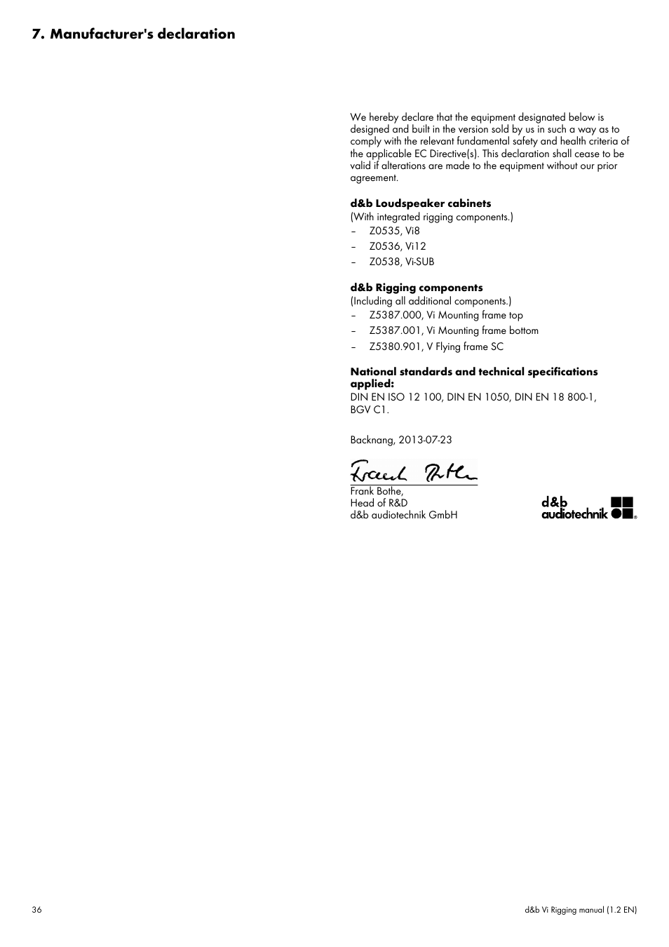 Manufacturer's declaration | d&b Vi User Manual | Page 36 / 37