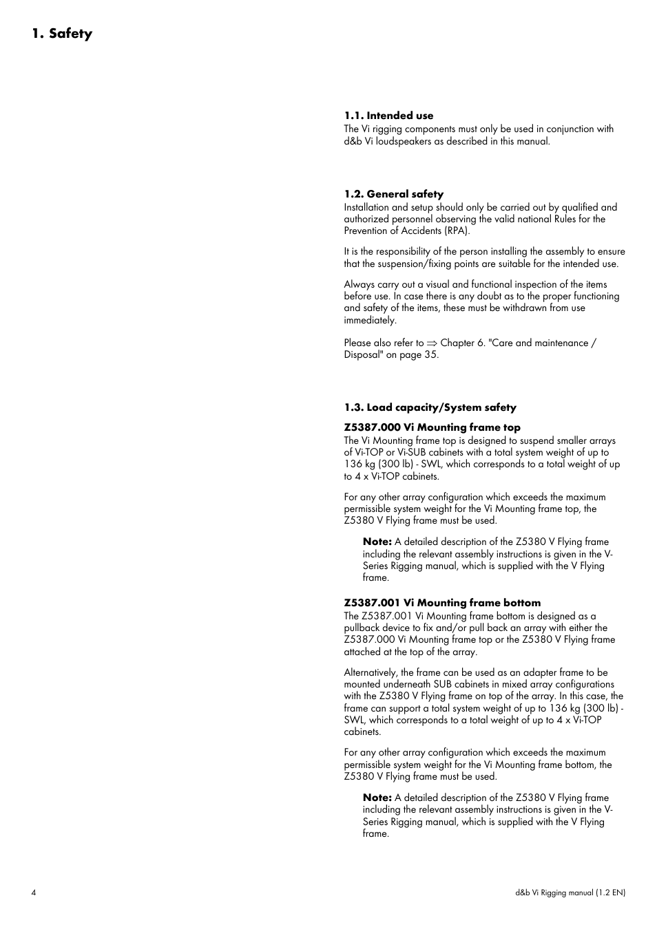 Safety, Intended use, General safety | Load capacity/system safety | d&b Vi User Manual | Page 4 / 37