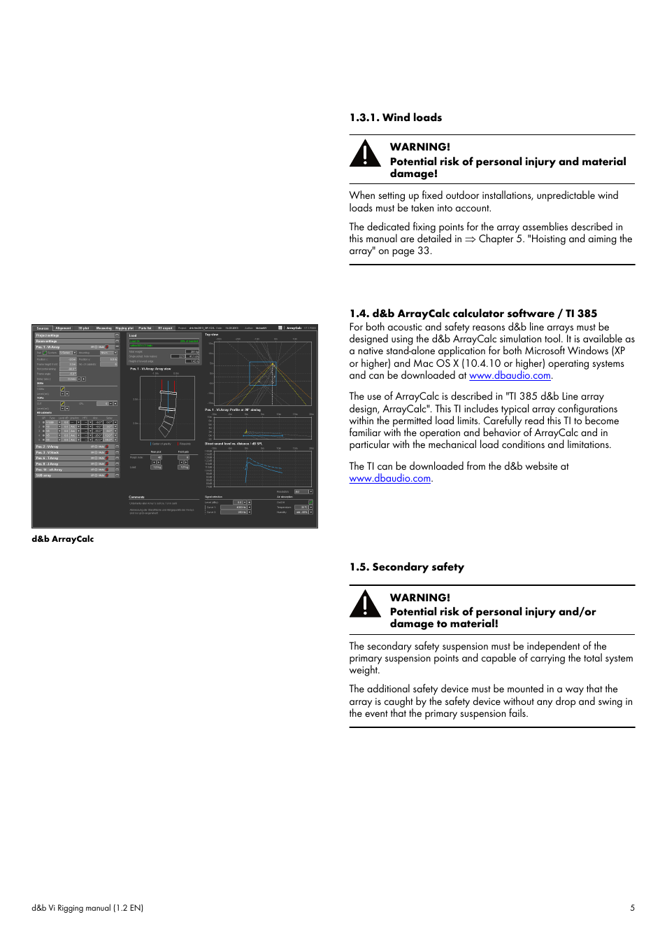 Wind loads, D&b arraycalc calculator software / ti 385, Secondary safety | d&b Vi User Manual | Page 5 / 37