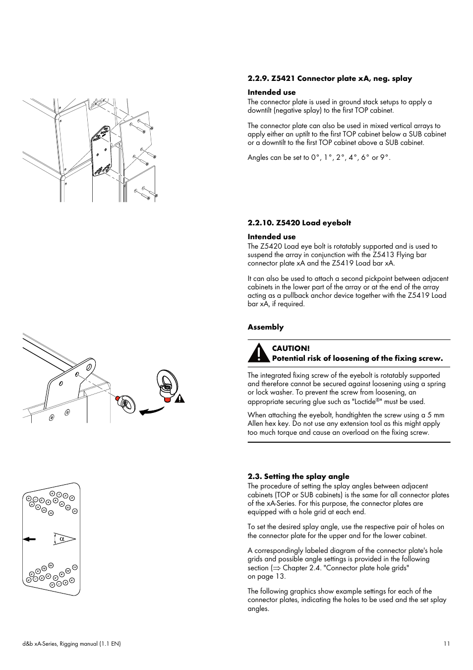 Z5421 connector plate xa, neg. splay, Z5420 load eyebolt, Setting the splay angle | d&b xA-Series User Manual | Page 11 / 23