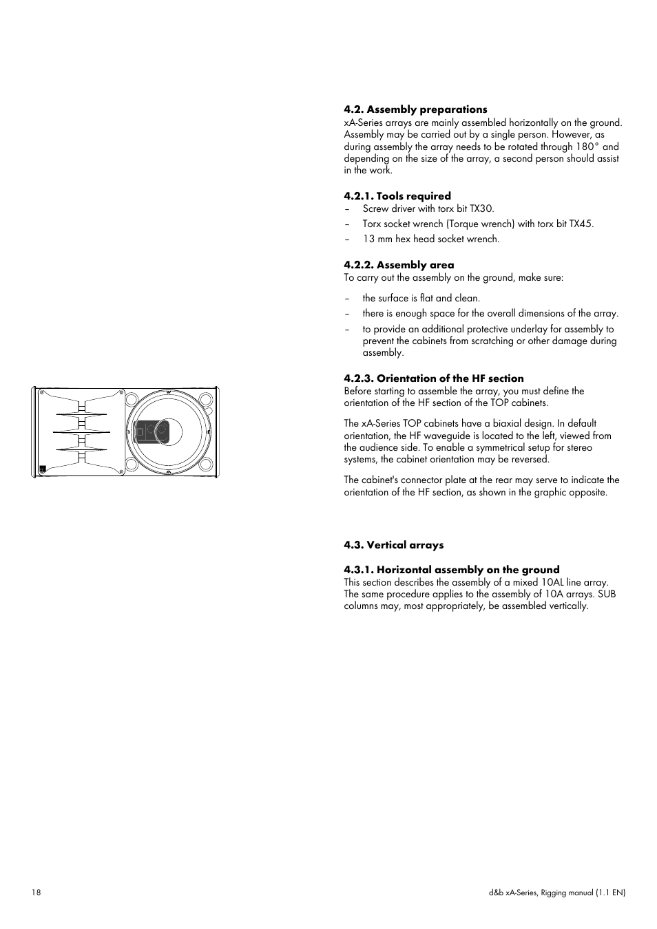Assembly preparations, Tools required, Assembly area | Orientation of the hf section, Vertical arrays, Horizontal assembly on the ground | d&b xA-Series User Manual | Page 18 / 23