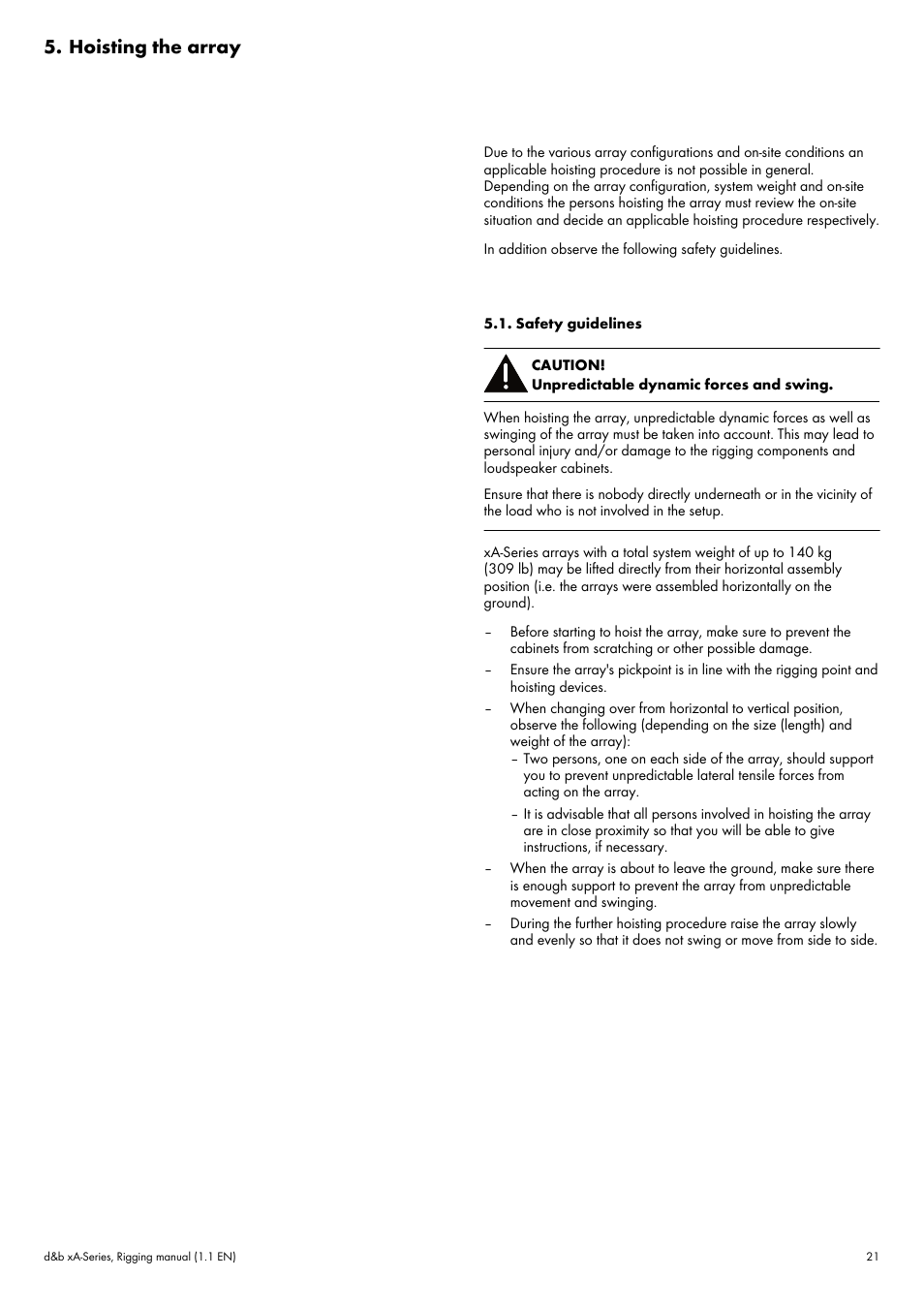 Hoisting the array, Safety guidelines, Hoisting the array 5.1. safety guidelines | Þ chapter 5. "hoisting the | d&b xA-Series User Manual | Page 21 / 23