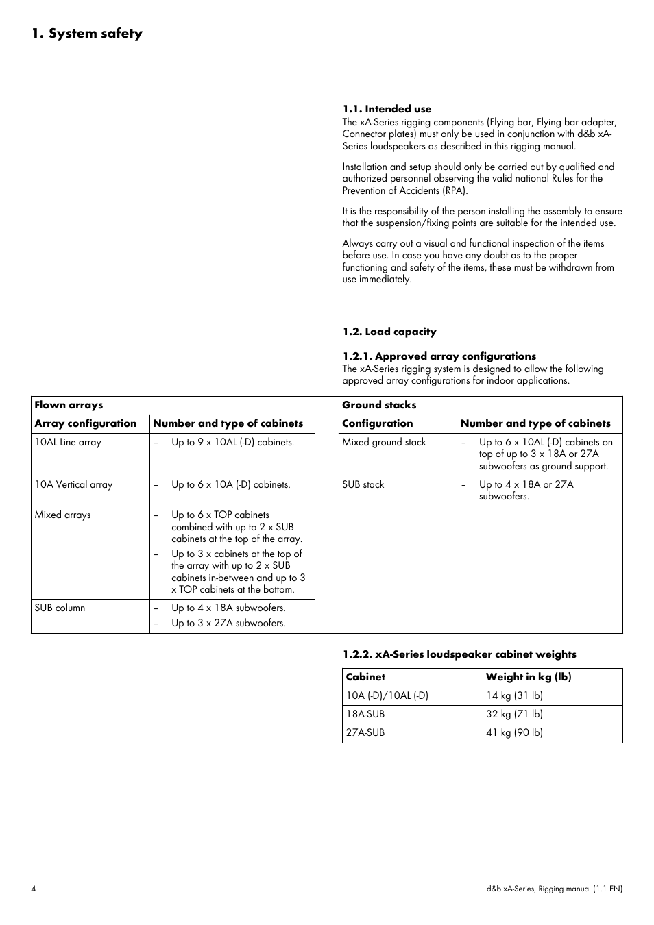 System safety, Intended use, Load capacity | Approved array configurations, Xa-series loudspeaker cabinet weights | d&b xA-Series User Manual | Page 4 / 23