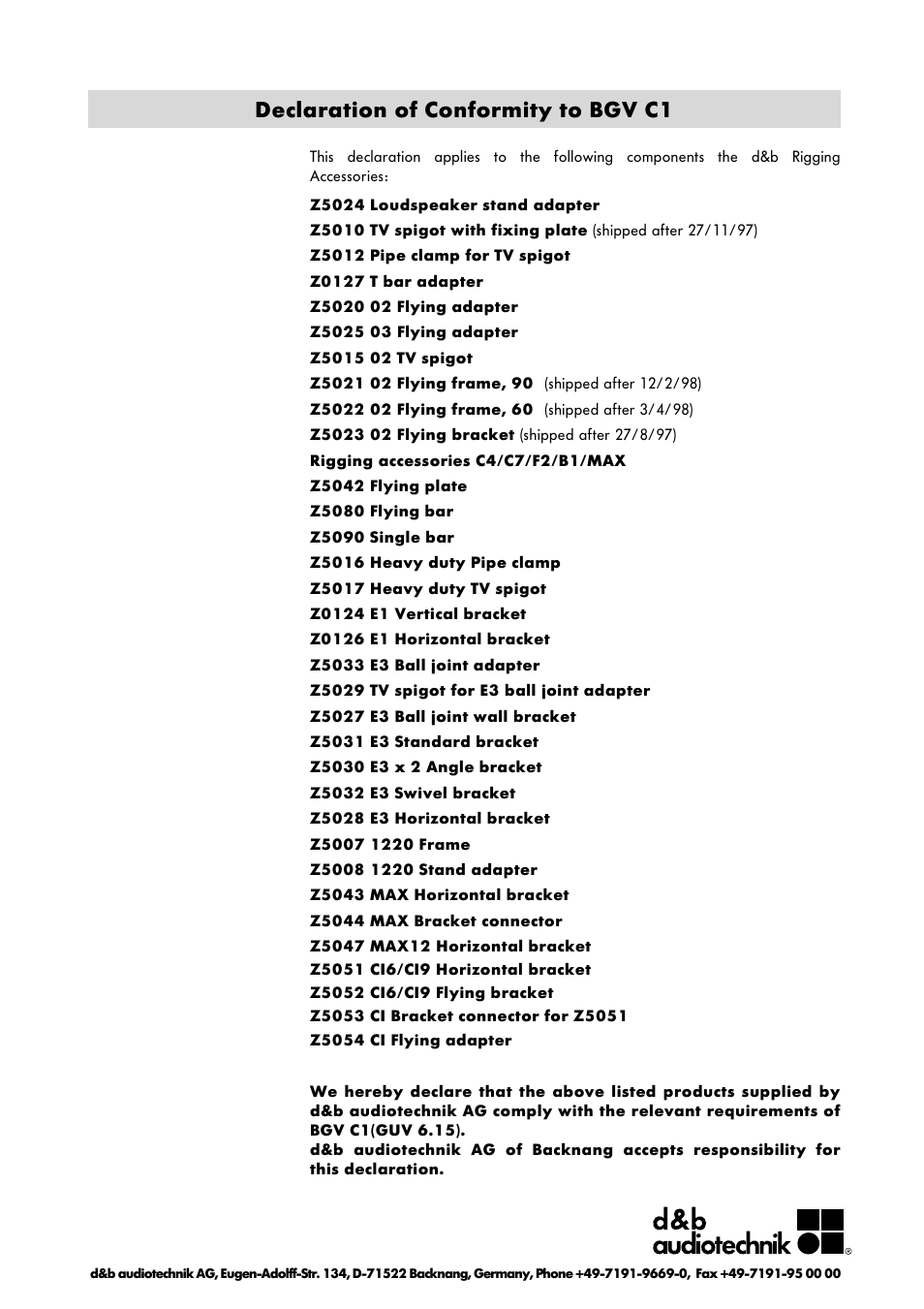 Declaration of conformity to bgv c1 | d&b Z5010 TV spigot with fixing plate User Manual | Page 10 / 10