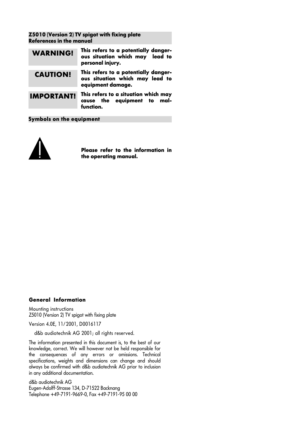 Warning! important! caution | d&b Z5010 TV spigot with fixing plate User Manual | Page 2 / 10