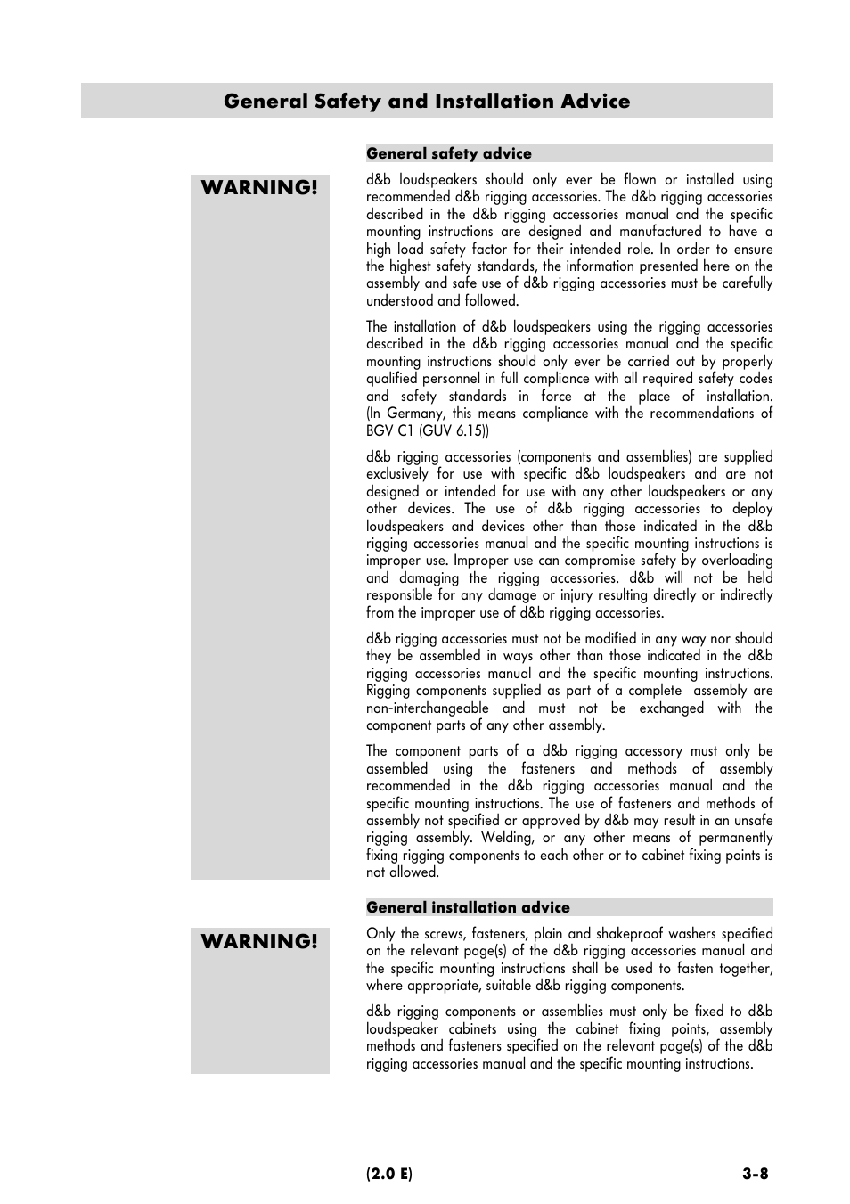 Warning, Warning! general safety and installation advice | d&b Z5010 TV spigot with fixing plate User Manual | Page 3 / 10