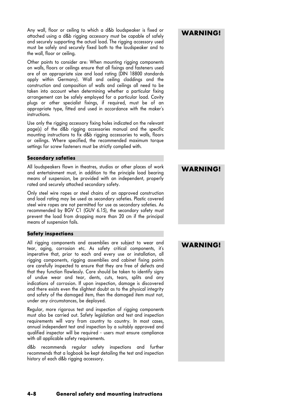 Warning | d&b Z5010 TV spigot with fixing plate User Manual | Page 4 / 10