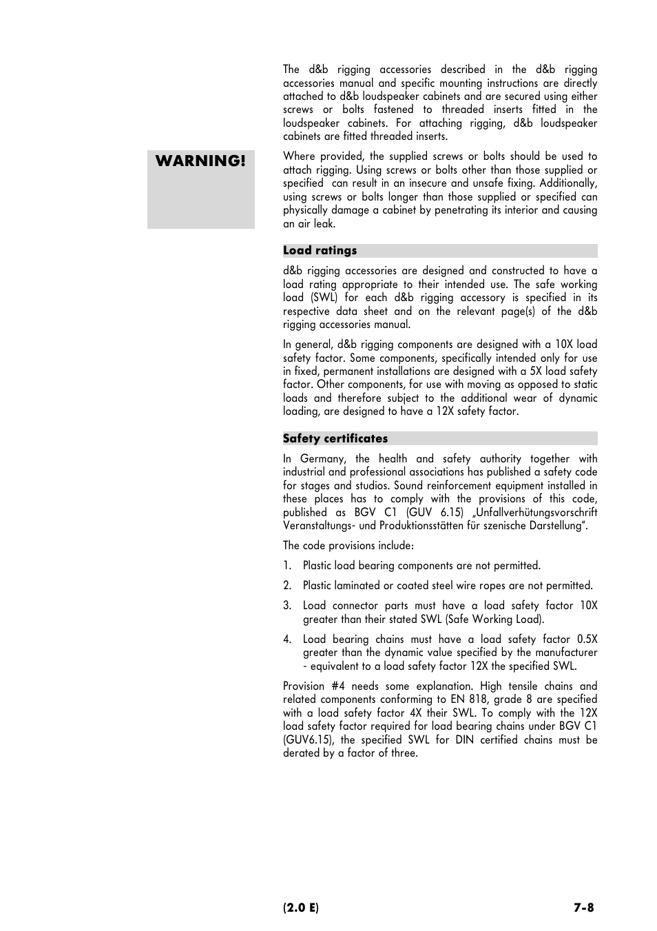 Warning | d&b Z5010 TV spigot with fixing plate User Manual | Page 7 / 10