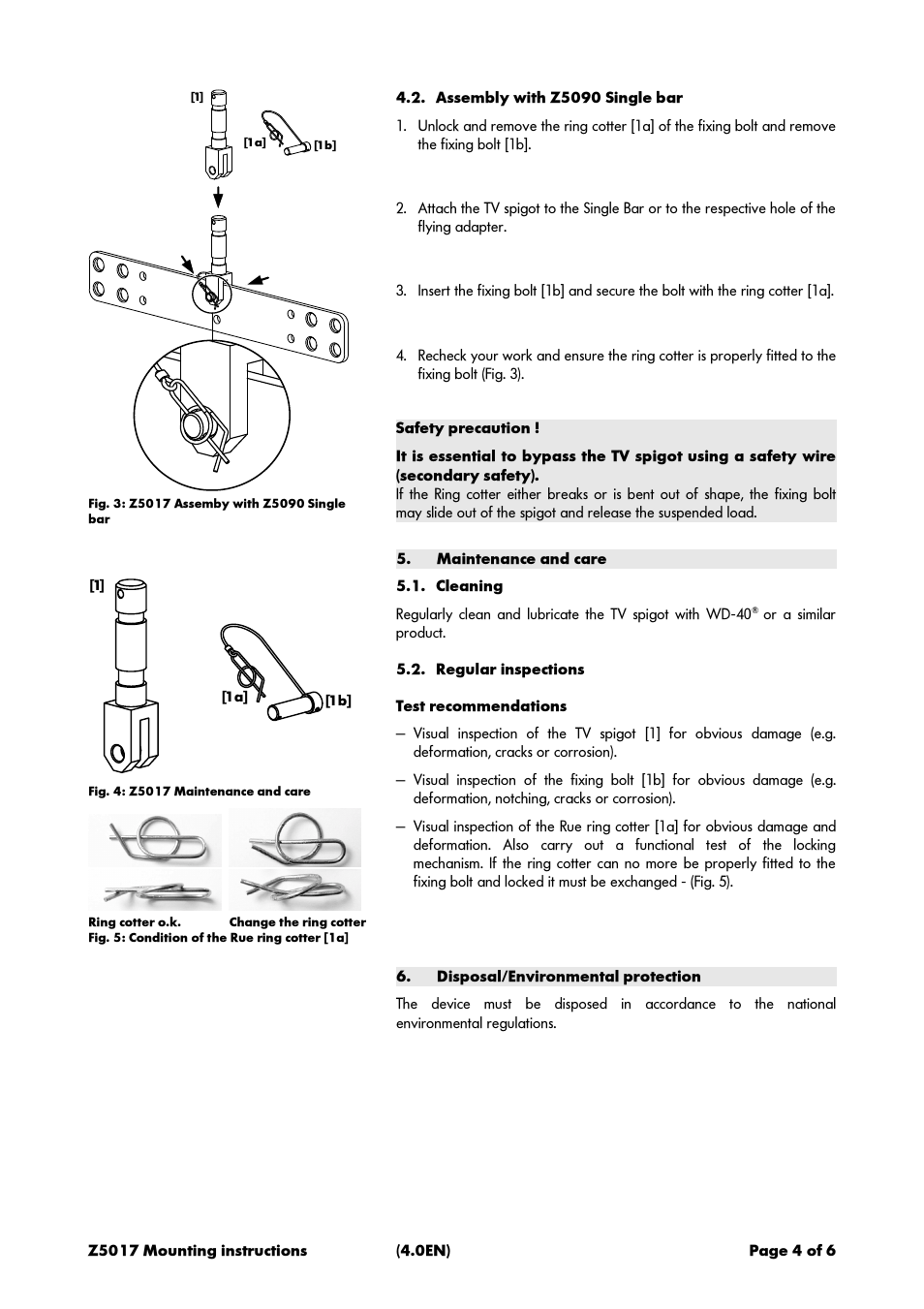 Assembly with z5090 single bar, Maintenance and care, Cleaning | Regular inspections, Disposal/environmental protection | d&b Z5017 TV spigot HD User Manual | Page 4 / 6