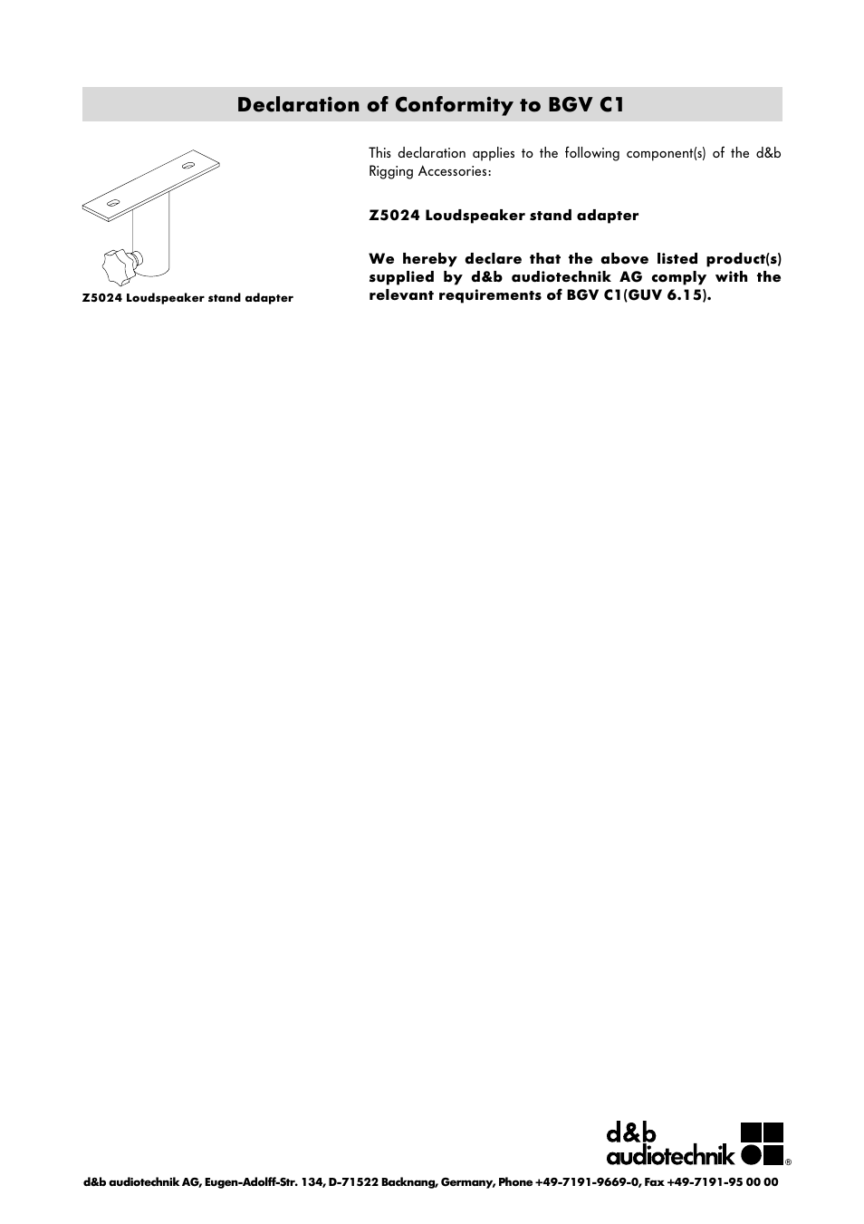 Declaration of conformity to bgv c1 | d&b Z5024 Loudspeaker stand adapter User Manual | Page 6 / 6