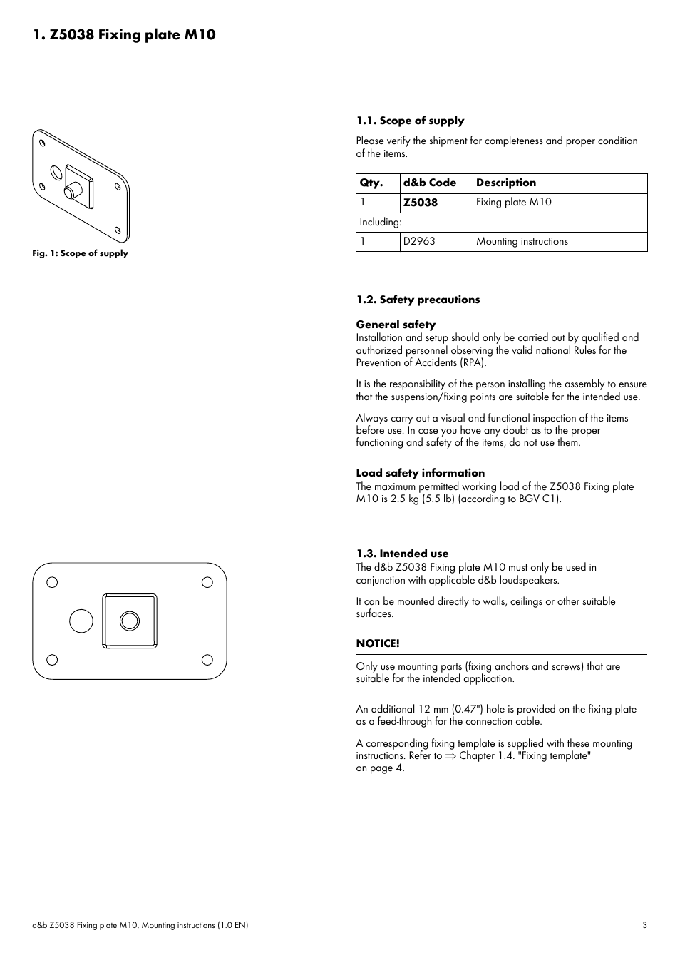 Z5038 fixing plate m10, Scope of supply, Safety precautions | Intended use | d&b Z5038 Fixing plate M10 User Manual | Page 3 / 6