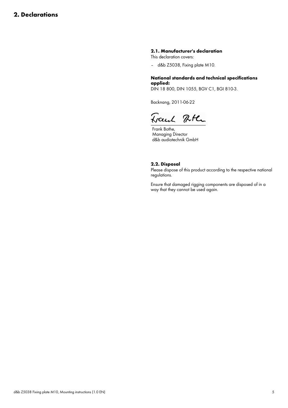 Declarations, Manufacturer's declaration, Disposal | d&b Z5038 Fixing plate M10 User Manual | Page 5 / 6