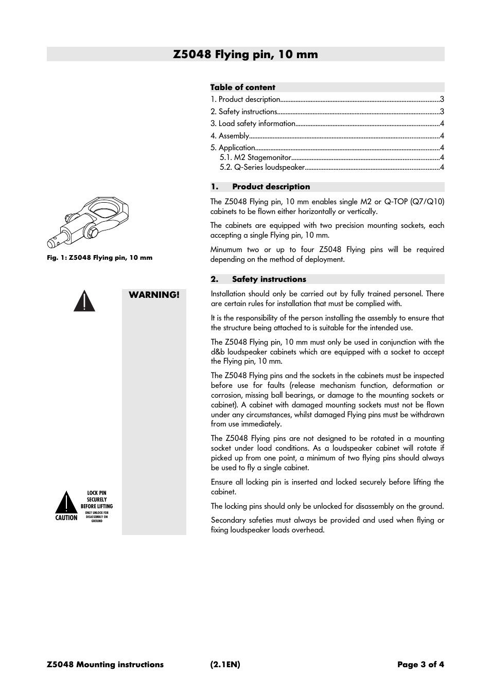 Z5048 flying pin, 10 mm, Product description, Safety instructions | d&b Z5048 User Manual | Page 3 / 4