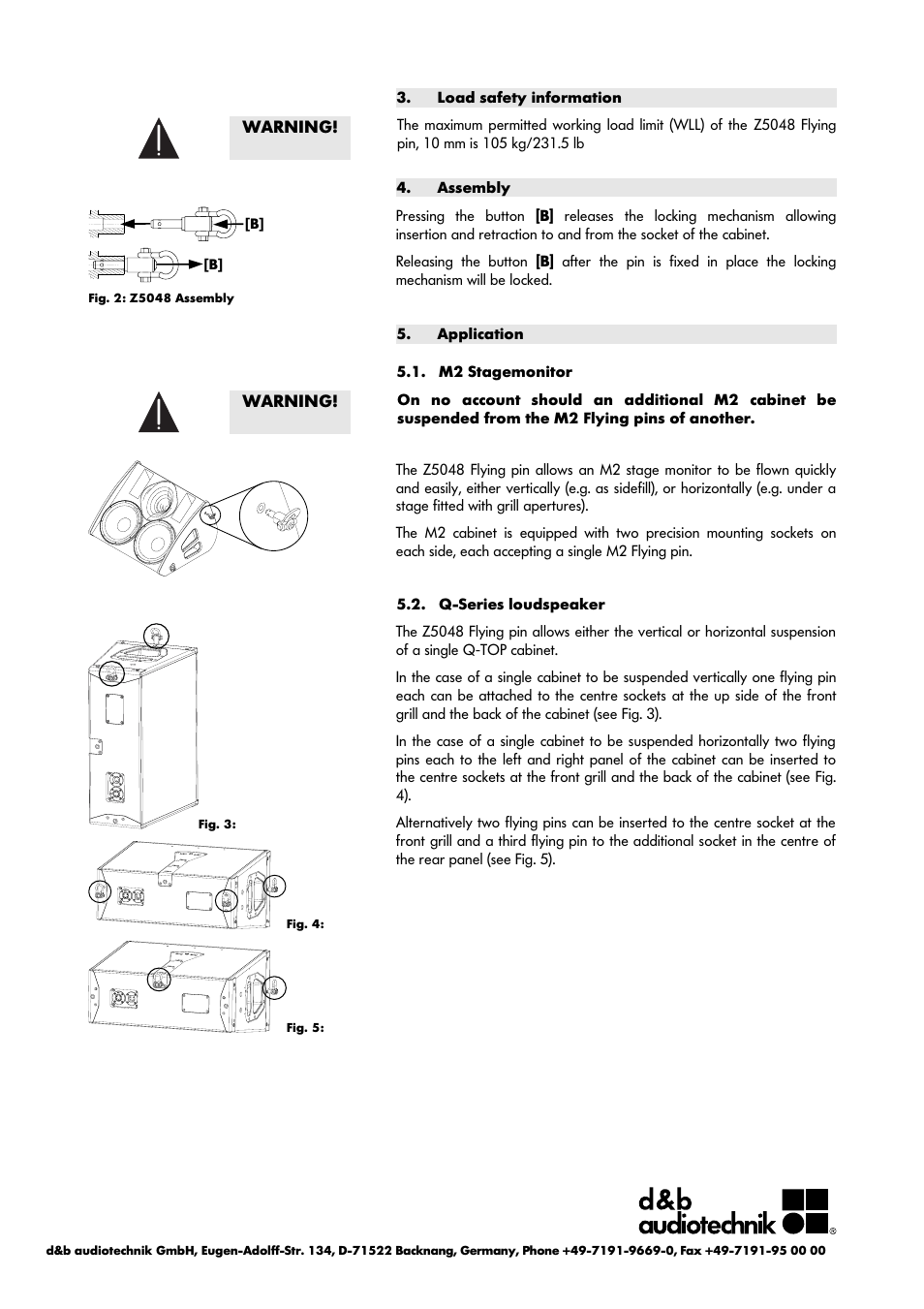 Load safety information, Assembly, Application | M2 stagemonitor, Q-series loudspeaker | d&b Z5048 User Manual | Page 4 / 4