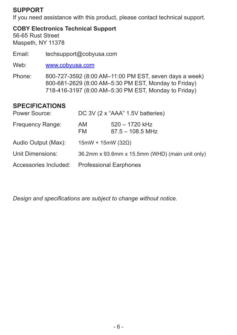 COBY electronic CX-70 User Manual | Page 6 / 6