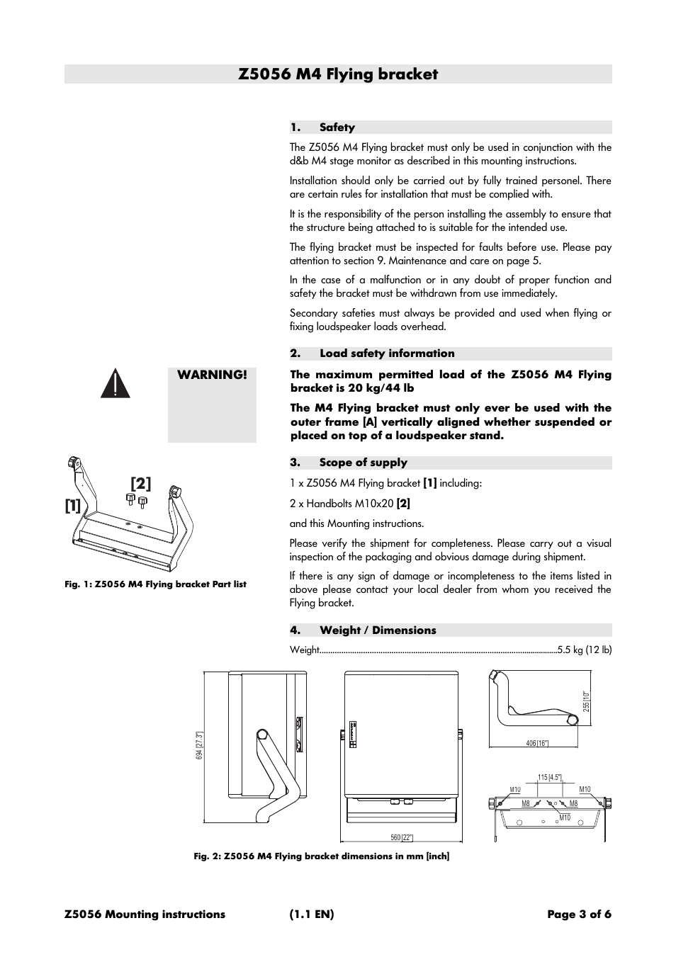 Z5056 m4 flying bracket, Safety, Load safety information | Scope of supply, Weight / dimensions | d&b Z5056 M4 Flying bracket User Manual | Page 3 / 6