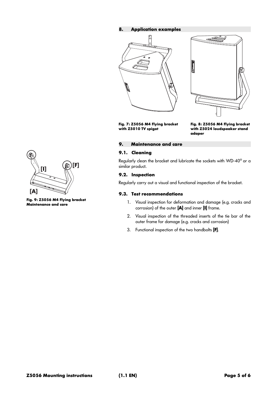 Application examples, Maintenance and care, Cleaning | Inspection, Test recommendations, F] [a] [i | d&b Z5056 M4 Flying bracket User Manual | Page 5 / 6