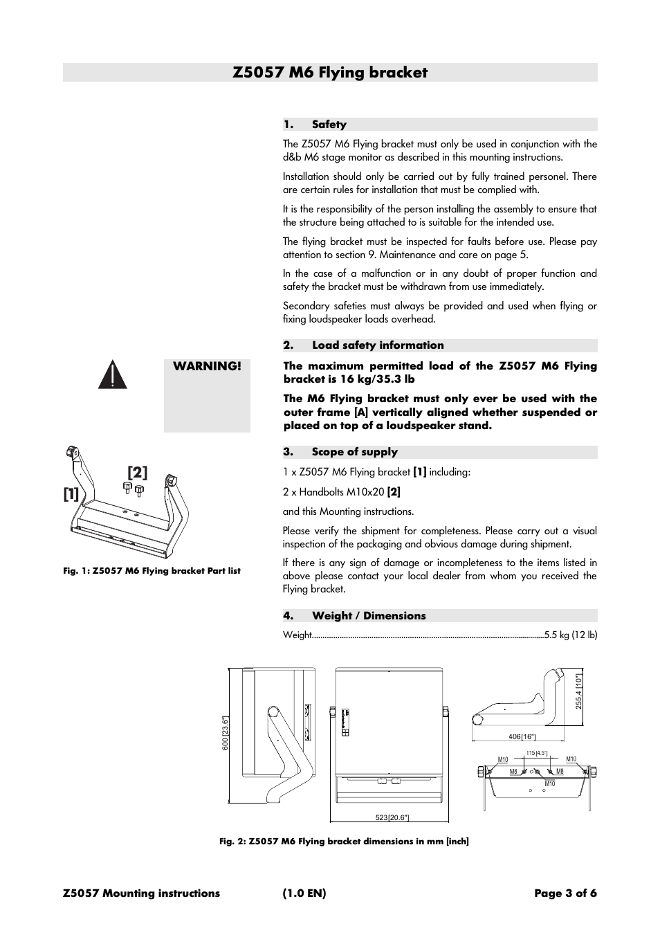 Z5057 m6 flying bracket, Safety, Load safety information | Scope of supply, Weight / dimensions, Warning | d&b Z5057 M6 Flying bracket User Manual | Page 3 / 6