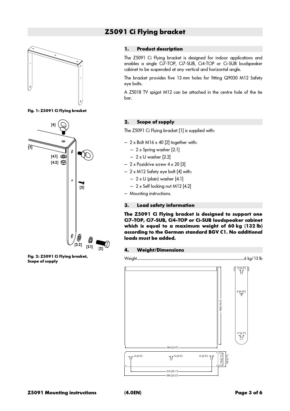Z5091 ci flying bracket, Product description, Scope of supply | Load safety information, Weight/dimensions | d&b Z5091 Ci Flying bracket User Manual | Page 3 / 6