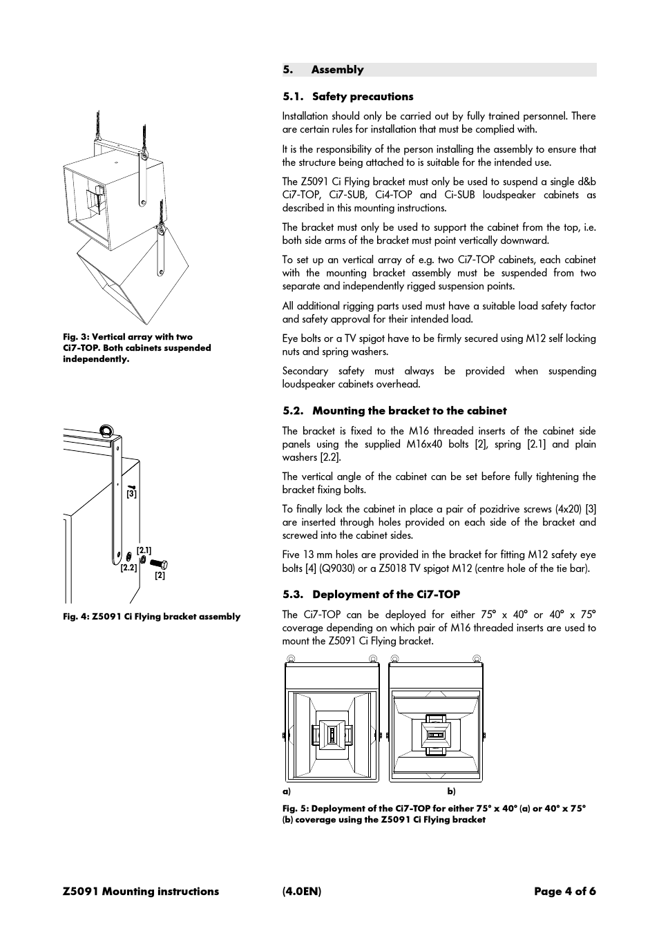 Assembly, Safety precautions, Mounting the bracket to the cabinet | Deployment of the ci7-top | d&b Z5091 Ci Flying bracket User Manual | Page 4 / 6