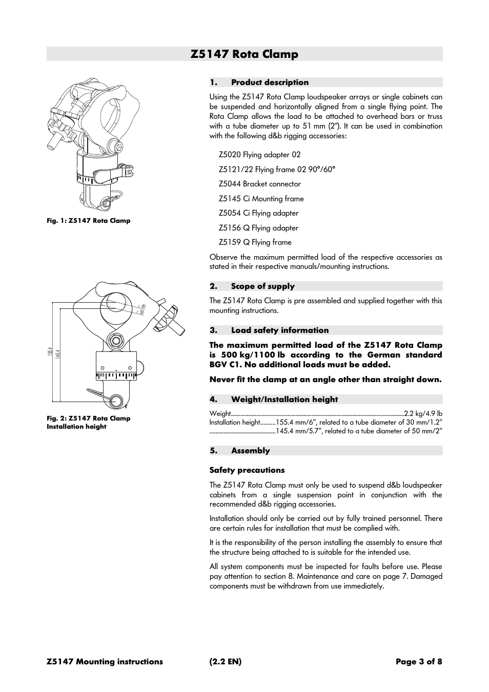 Z5147 rota clamp, Product description, Scope of supply | Load safety information, Weight/installation height, Assembly, Safety precautions | d&b Z5147 Rota Clamp User Manual | Page 3 / 8