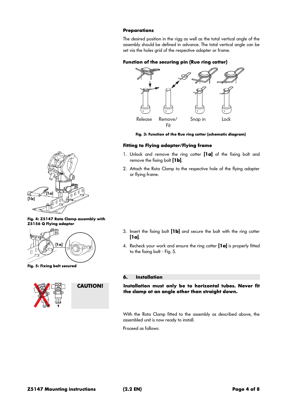 Preparations, Function of the securing pin (rue ring cotter), Fitting to flying adapter/flying frame | Installation | d&b Z5147 Rota Clamp User Manual | Page 4 / 8