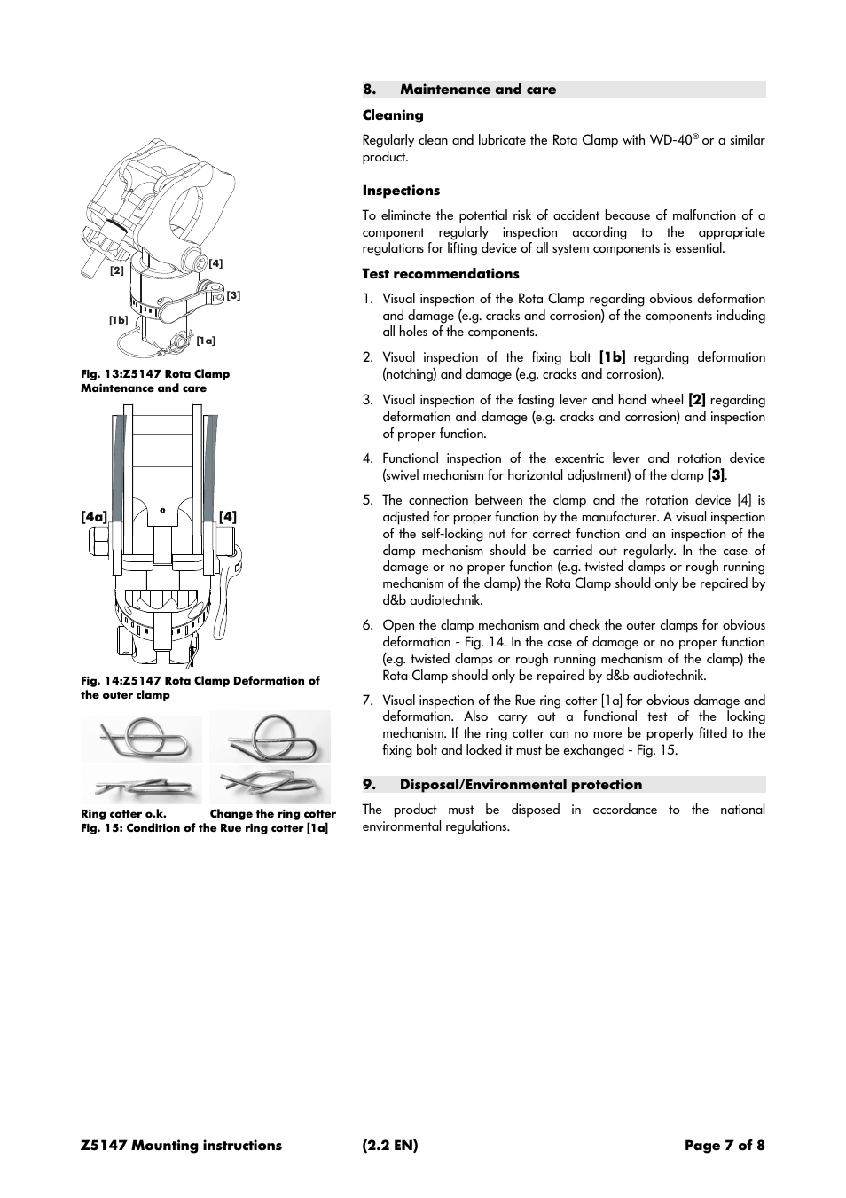 Maintenance and care, Cleaning, Inspections | Disposal/environmental protection | d&b Z5147 Rota Clamp User Manual | Page 7 / 8