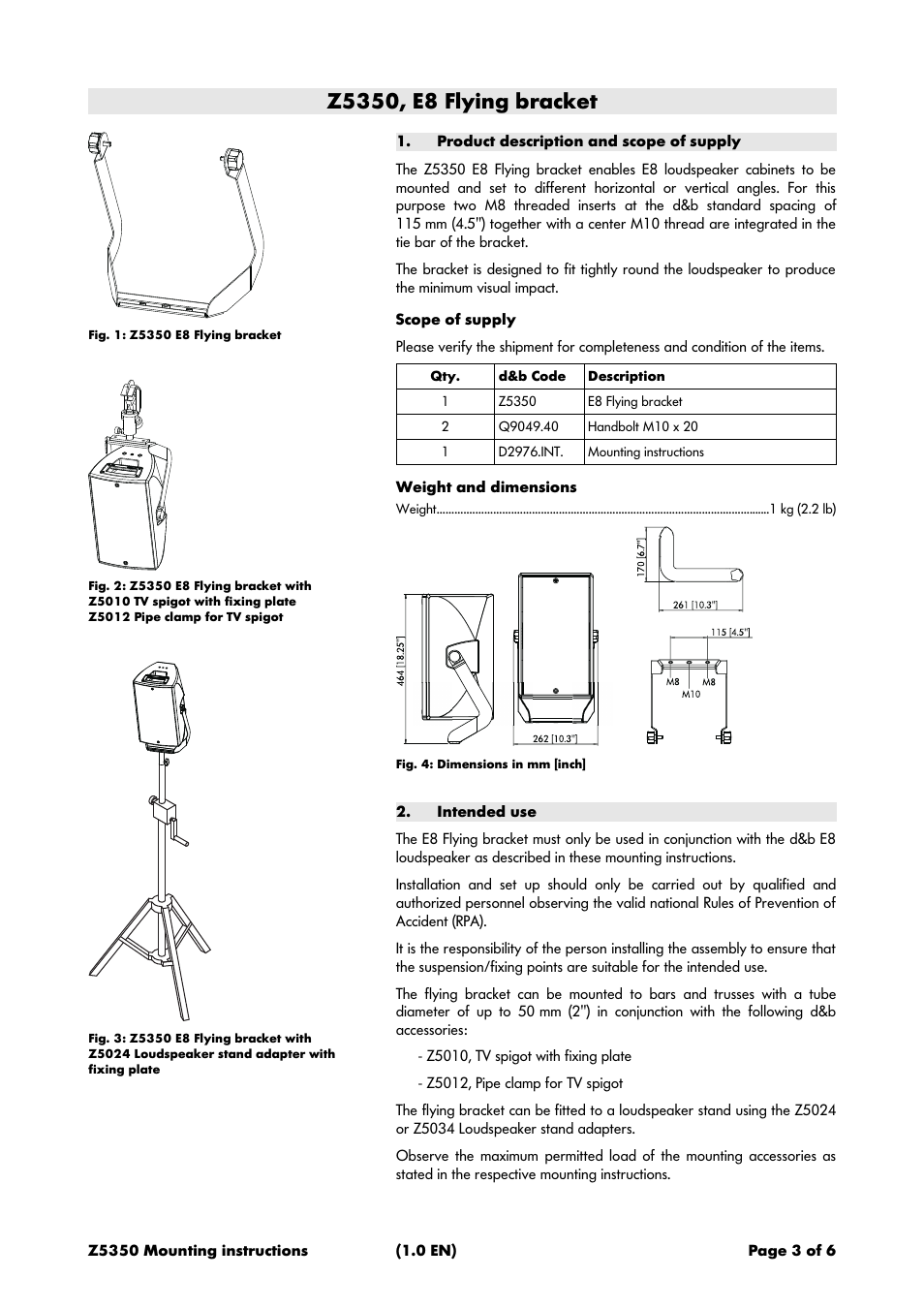 Z5350, e8 flying bracket, Product description and scope of supply, Scope of supply | Weight and dimensions, Intended use | d&b Z5350 E8 Flying bracket User Manual | Page 3 / 6