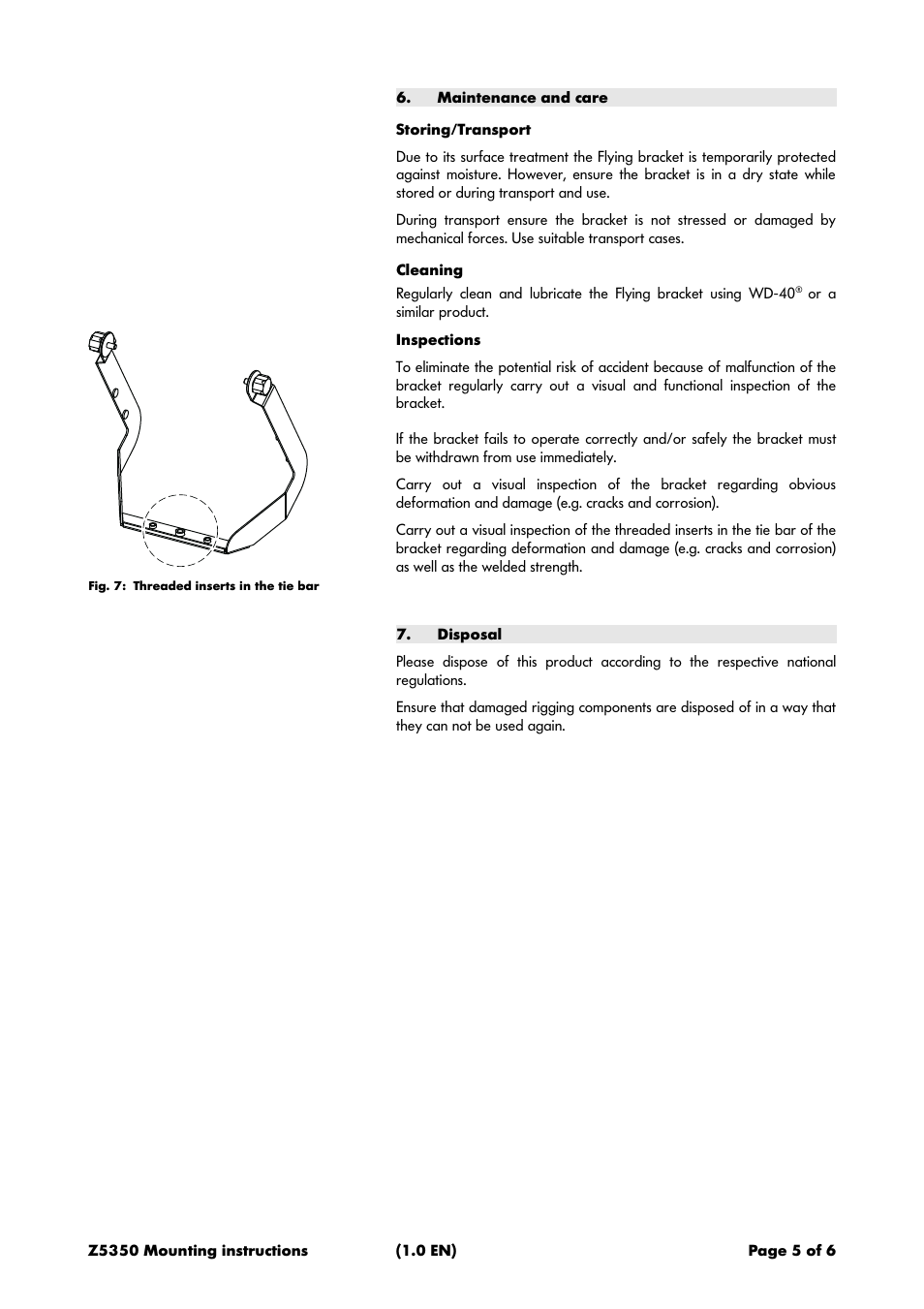 Maintenance and care, Storing/transport, Cleaning | Inspections, Disposal | d&b Z5350 E8 Flying bracket User Manual | Page 5 / 6