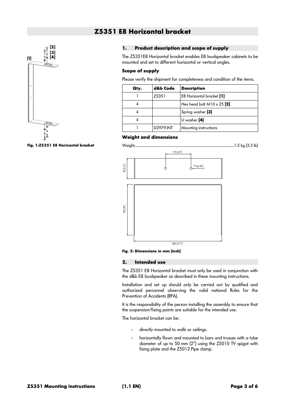 Z5351 e8 horizontal bracket, Product description and scope of supply, Intended use | d&b Z5351 E8 Horizontal bracket User Manual | Page 3 / 6
